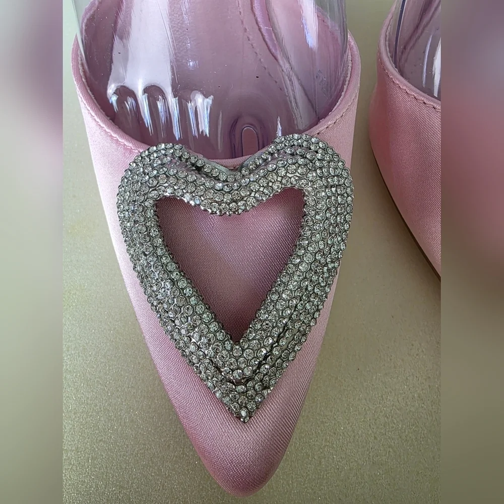 TOP MODA Pink Satin Freya Pointed Toe Sparkly Heart Ankle Strap Heel, Size 6.5